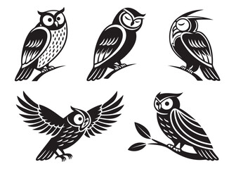 Fototapeta premium Collection of stylized black and white owl illustrations in various poses