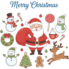 Santa Claus, snowmen, reindeer, Christmas tree, gingerbread man, candy cane, wreath, ornaments, festive celebration, winter joy - flat vector illustration