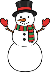 Snowman wearing top hat, red scarf, mittens, carrot nose, winter holiday decoration, festive cartoon character, Christmas season, flat vector illustration