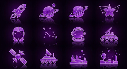Stunning set of glowing purple neon space icons perfect for modern technology and futuristic design projects