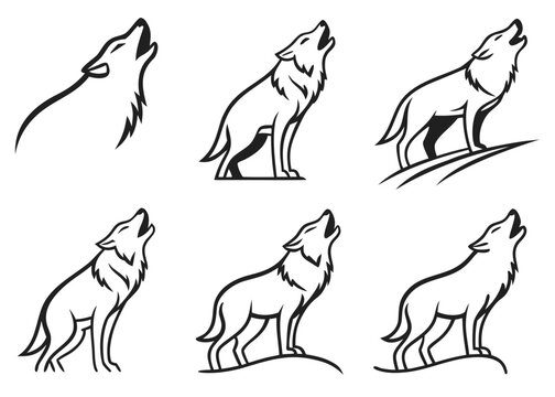 Collection of stylized wolf howling vector illustrations in black and white