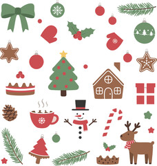 Christmas element collection, snowman, reindeer, gingerbread, ornaments, gifts, tree, cake, festive icons, flat vector illustration