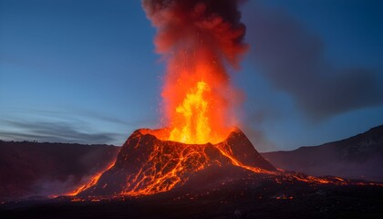 a massive erupting volcano, towering orange flames and molten lava spewing from the crater, dramatic dark clouds of smoke billowing into the sky, fiery explosions and intense volcanic activity