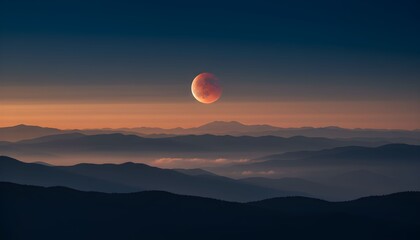 dramatic landscape, epic mountain range silhouette, vibrant orange and pink sunset sky, full moon eclipse, moody atmospheric lighting, stunning natural scenery, breathtaking panoramic view