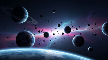 Obraz premium Cosmic nebula with planets and asteroids