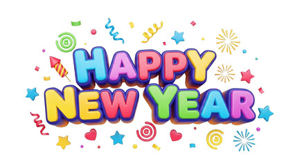 colorful Happy New Year 3D Text Surrounded by Dynamic Colorful Fireworks, Multicolored Confetti, and Festive Ribbons on a Bright White Background.
