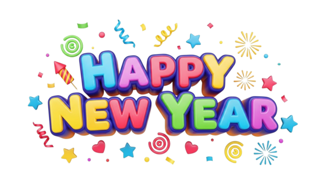 colorful Happy New Year 3D Text Surrounded by Dynamic Colorful Fireworks, Multicolored Confetti, and Festive Ribbons on a Bright White Background. - Powered by Adobe