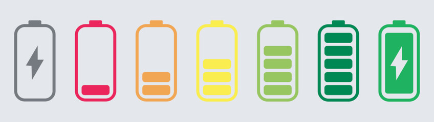 Fototapeta premium Set of vertical battery charge level indicators in percentage vector. Battery indicator symbols. 0-100 percent charge. 