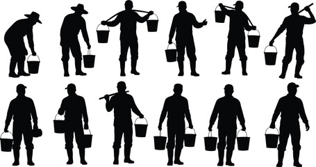 Bucket, carrying, labor, silhouette, posture, gesture, handle, pole, bend, boot, hat, rural, manual, traditional, setup, agriculture, vector, black, pose, flavector