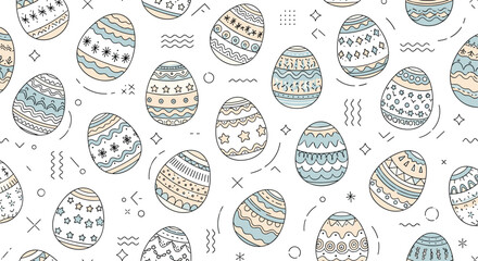 Seamless pattern of hand-drawn Easter eggs with various decorative patterns in pastel colors.