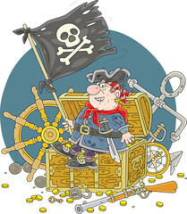 Funny sea pirate and a wooden treasure chest full of golden coins from a boarded ship, a black Jolly Roger flag, an old anchor and helm, vector cartoon illustration on a white background