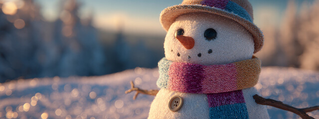 A fluffy snowman in a hat and scarf stands outside on a cold winter day.
