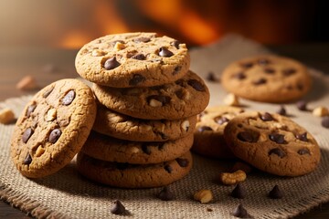 A stack of freshly baked chocolate chip cookies with nuts on a rustic burlap cloth, with a warm, blurred background suggesting a cozy atmosphere.