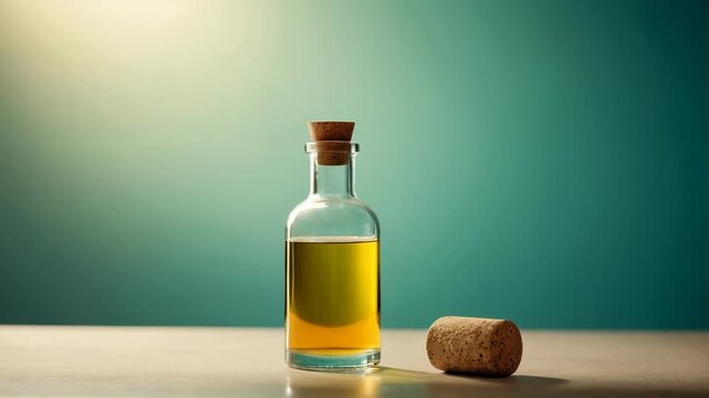 Video A bottle of olive oil sits next to a cork, ready for use in cooking or as a decorative item