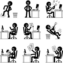 A stick-figure office worker performs various humorous activities while balancing work, reading, music, and relaxation.