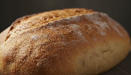 A close-up shot of a freshly baked, rustic loaf of bread with a golden-brown crust and a dusting of flour.