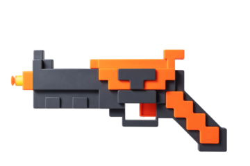 Gaming pixel toy pistol and cartridge kids toy for a boy isolated on transparent background