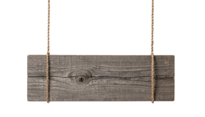 Grey wooden plank sign hanging by two tan ropes against a white background in a studio shot image object on white and png