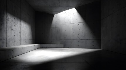 Concrete Room with Skylight Minimalist Architecture and Light Streaks Interior Design