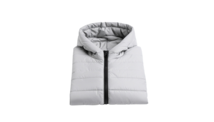 A folded light gray hooded puffer vest with a black zipper is centered in the image, showing its texture and design on white and transparent