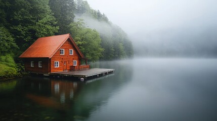 Serene wooden cabin by misty lake surrounded by lush trees in early morning light
