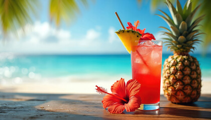 Red cocktail with pineapple slice and hibiscus flower rests on wooden table. Whole pineapple stands near drink. Bright sun shines on ocean beach backdrop.