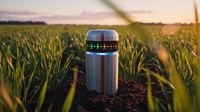 A cylindrical device embedded in the soil, monitoring crop health under a sunset sky.