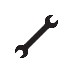 A simple black silhouette of an open end wrench on white background