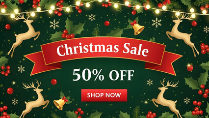 Festive christmas sale announcement with reindeer and twinkling lights offering 50 percent off