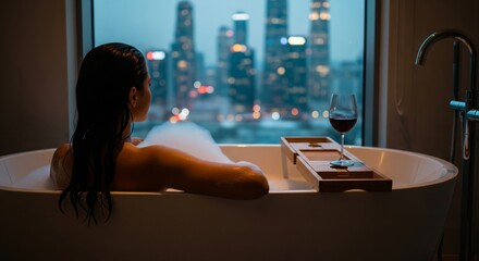 Woman Relaxing in Bathtub with City Skyline View. woman relaxing in a freestanding white bathtub filled with foam. Represents luxury travel, staycation, relaxation, spa, and urban lifestyle.