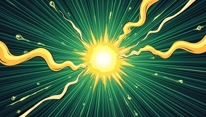 Exploding bright starburst emits yellow energy waves against dark green radial lines. Small yellow particles stream outward from center blast. Comic style burst concept.