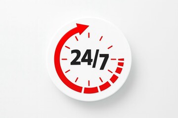 Circular clock face with red arrow indicating 24 7 service and support availability on a white background