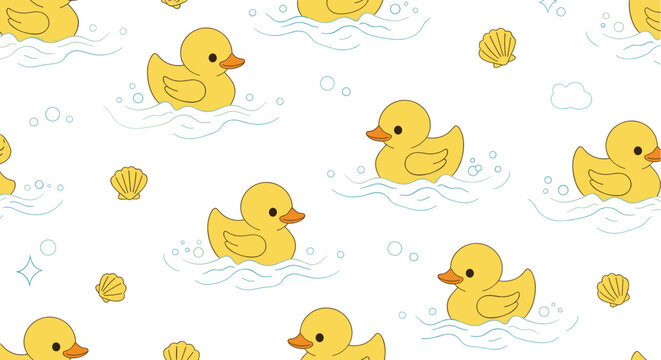 Whimsical seamless pattern of cute yellow rubber ducks floating on blue water waves with shells and bubbles on a white background.