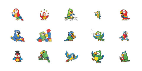 Collection of varied cartoon parrot illustrations on a white background © mdkamran