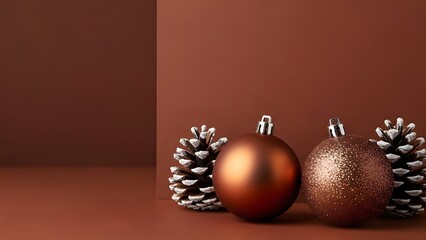 Christmas decorations, including shiny brown baubles and pine cones, sit on a surface, against a brown background, perfect for holiday greetings