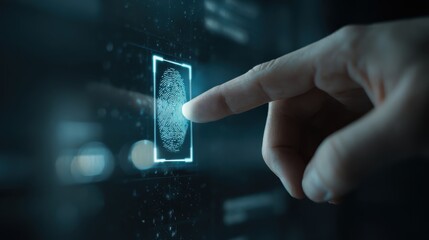 Close-Up of a Human Finger Touching a Digital Fingerprint Scanner on a Futuristic Interface with Abstract Data Visualization
