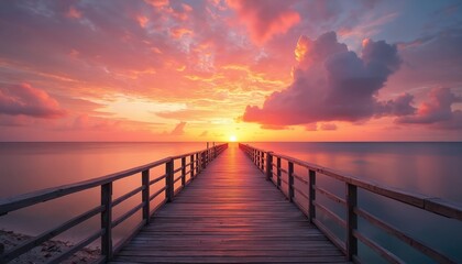 Wooden pier path leads to vibrant ocean sunset. Sky shows orange pink purple clouds reflecting on calm sea water. Peaceful tranquil evening seascape.