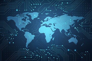 Digital world map with glowing blue circuitry overlay representing global technology and connectivity