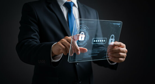 Businessman using futuristic transparent device for secure login and data protection in cybersecurity with a dark professional background