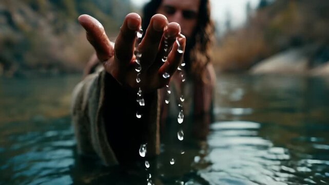Captivating close up of Jesus Christ reaching out his hand above a serene water surface in a natural setting during a bright day