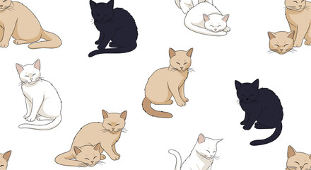Fototapeta premium Seamless and charming background pattern of cute cats in beige, black, and white, depicted in various resting and sitting poses.
