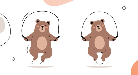 Fototapeta premium Adorable cartoon brown bear happily jumping rope with abstract shapes in the background, illustrating fitness and fun for children.