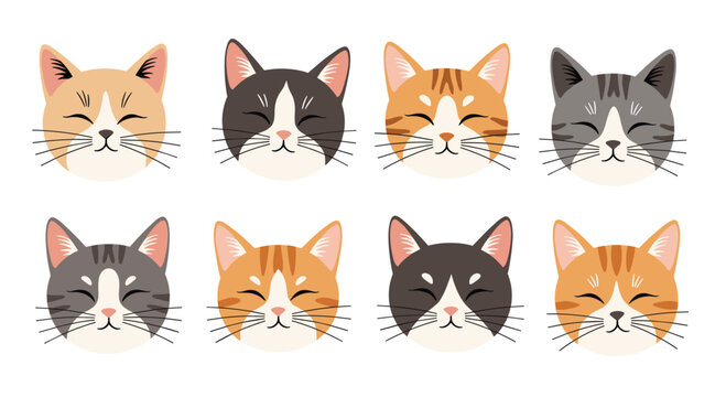 A charming set of eight cartoon cat faces with closed eyes and happy expressions, showcasing a variety of breeds and colors.