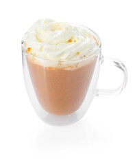Delicious pumpkin latte with whipped cream in glass cup isolated on white
