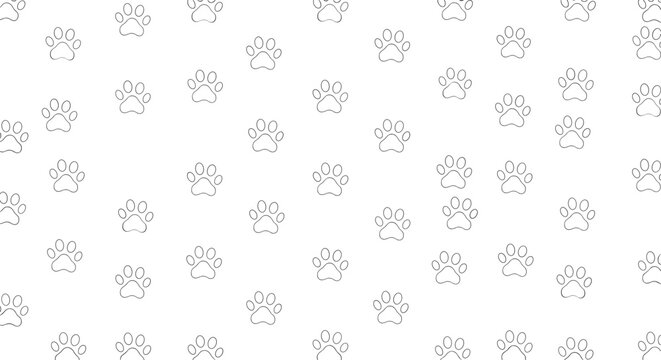 Subtle and simple seamless pattern of scattered gray paw prints with a textured, glitter-like effect on a clean white background.