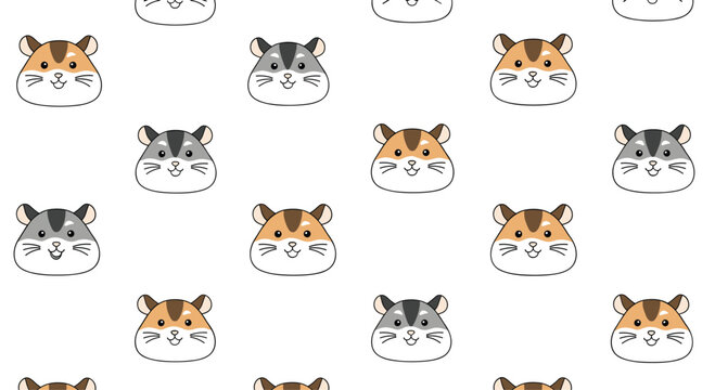 Seamless pattern background with the cute, smiling faces of brown and gray cartoon hamsters on a simple white backdrop.