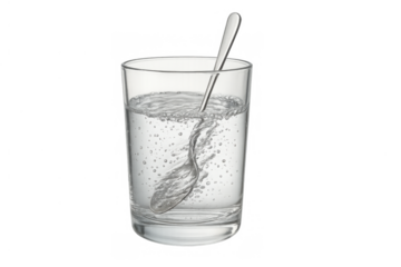 Glass of water with spoon stirring bubbles, fresh clear liquid, transparent background for drinks and mixing