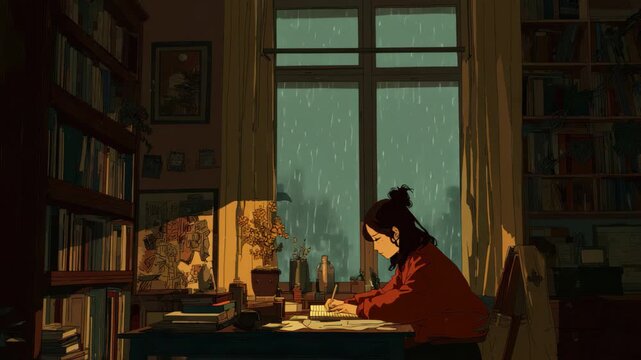 Studying in a cozy room while rain gently falls outside, creating a calming lofi atmosphere perfect for learning and focus