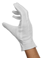 Woman in cloth glove on white background, closeup