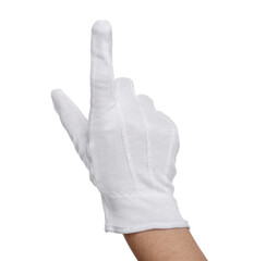 Woman in cloth glove pointing at something on white background, closeup